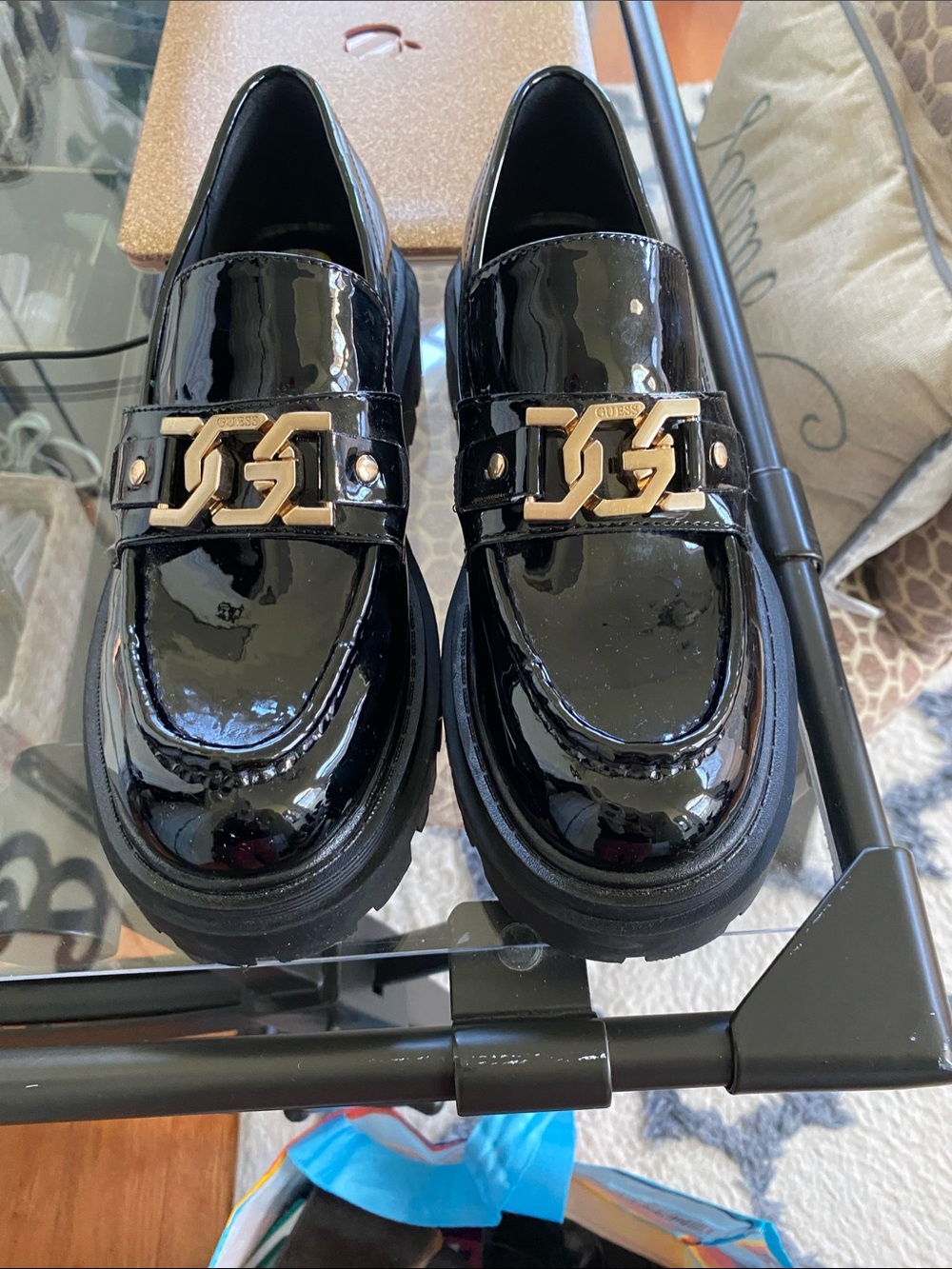 Guess Black Patent Loafers with Gold Chain Accent